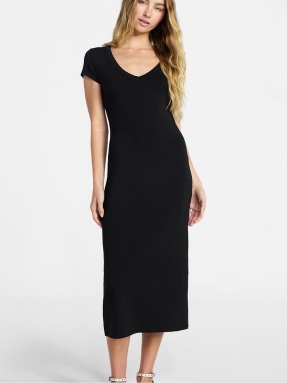 No Boundaries Black V-Neck Midi Dress cotton blend stretchy